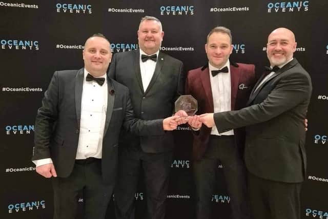 Pictured are Haste to the Wedding Ceilidh Band members Ian Dinsmore (Newtownabbey; accordion), Pete Bouma (Larne; guitar), Johnny Murphy (Ballymena; fiddle) and Barry Morrow (Glenarm; drums) after winning the Wedding Entertainment of the Year award.  Photo: Haste to the Wedding Ceilidh Band