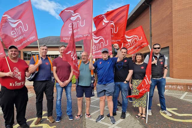 Members of Unite and other unions attend protest at Craigavon Civic Centre amid claims one of their colleagues working for Armagh, Banbridge and Craigavon Council was sacked.