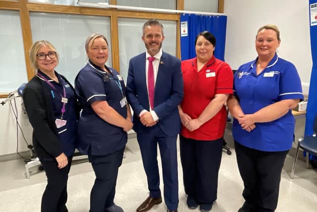 Health Minister Robbie Butler with District Nursing staff: Denise Broderick (Locality Manager), Andrea Beeks (Consultant District Nurse), Clare Mulhern (District Nursing Sister) and Glynis Munn (Deputy District Nursing Sister). Pic credit: SEHSCT