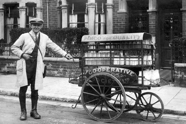 Milkman Len Garland taken in Froddington Road, Fratton.
Len Garland in 1926 with his push along milk float. 
I am told he  went back to the dairy twice on his round to complete his deliveries. he is of course, working for the Portsea Island Mutual Co-op 
which was very big in Portsmouth in more ways than just milk. 
There also seems to be half-pint bottles of milk as well. 
Picture: Costen.co.uk