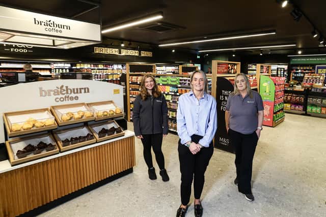 Alison Reid, Lorna Wynne and Fiona Hamill pictured at Applegreen Hillsborough as the site welcomes its new M&S Food Shop and Braeburn Coffee cart, alongside Greggs and Applegreen convenience store. Pic credit: William Cherry / Press Eye