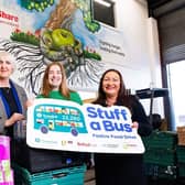 Pictured at FareShare NI’s Mallusk headquarters are Jacqui Kennedy, Chief People & Corporate Services Officer at Translink, along with Roisin Colohan, Fareshare Operations Manager and Paula Maskey Head of Business Solutions at Homeless Connect. Picture: Translink