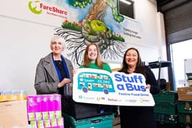 Pictured at FareShare NI’s Mallusk headquarters are Jacqui Kennedy, Chief People & Corporate Services Officer at Translink, along with Roisin Colohan, Fareshare Operations Manager and Paula Maskey Head of Business Solutions at Homeless Connect. Picture: Translink