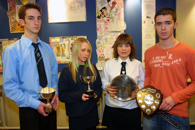 At Fort Hill's prize night is Gareth Hagan, Ashleigh Holmes (on behalf of her sister Natalie), Rachael Napier, and Jason McKittrick for overall achievement in GCSE US46-409PM  Pic by Paul MurphyNIWD