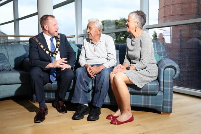 Mayor of Antrim and Newtownabbey Alderman Stephen Ross with Robert Kirker from New Mexico and his newfound cousin Maureen McCourt, who still lives at the old family homestead in the Borough