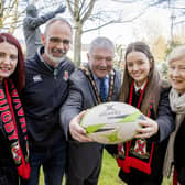 The Mayor of Causeway Coast and Glens Borough Council, Councillor Ivor Wallace, pictured with team coaches Janine O'Neill and Stephen Rogers, Team Captain Chloe McCloskey and Club President Barbara Semple.