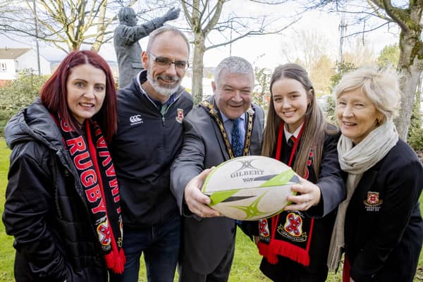 The Mayor of Causeway Coast and Glens Borough Council, Councillor Ivor Wallace, pictured with team coaches Janine O'Neill and Stephen Rogers, Team Captain Chloe McCloskey and Club President Barbara Semple.