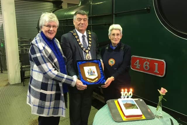 The 100th birthday celebration , from left, Joan Smyth, Alderman Noel Williams and Gill Lewis.