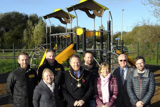 Pictured at the opening of new Kernan Play Park in Portadown is Lord Mayor Councillor Paul Greenfield with contractors, elected members and Armagh, Banbridge and Craigavon Council officials.