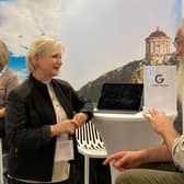 Annika Söderblom, Moveo Travel; and Flip Robinson, Giant Tours, at Travel News Market in Stockholm