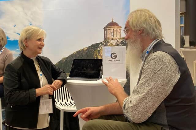 Annika Söderblom, Moveo Travel; and Flip Robinson, Giant Tours, at Travel News Market in Stockholm