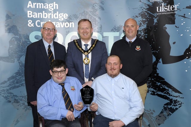 The Sports Team with a Disability award was sponsored by Armagh City, Banbridge and Craigavon Borough Council. Lord Mayor Councillor Paul Greenfield is pictured with the winners, Banbridge Rugby Football Club Mixed Ability Team.