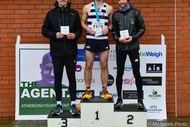 Half marathon success for 1. Nick Weston; 2 Barry McCarroll and 3. Peter Williams at the Portadown Festival of Running 2023. Picture: Mervyn McKeown