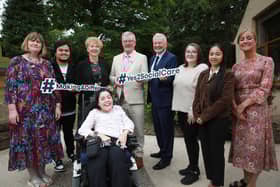 Caption - (L-R) Aine Morrison, Chief Social Worker, Mark Espina, Hutchinson Homes, Social Care Practitioner, Agnes Lunny, CEO Positive Futures, Mike Nesbitt, Health Minister, Declan McAllister, Interim CEO Northern Ireland Social Care Council, Louise Breen, Positive Futures Social Care Practitioner, Megha Acharya, Nazareth House Care Village Social Care Practitioner and Peggy Faulhaber, Manager of Camphill Clanabogan, Joanne Sansome, Disability Advocate.