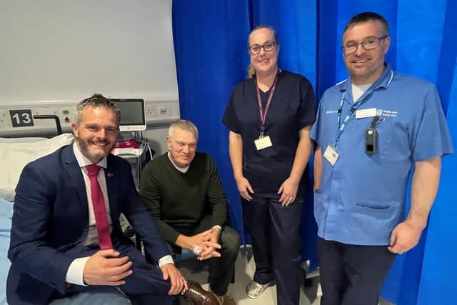 Health Minister, Robbie Butler MLA, DPU Patient, Charlie Booth, Dr Caroline West (Consultant Anaesthetist) and Staff Nurse, Ryan Irwin. Pic credit: SEHSCT