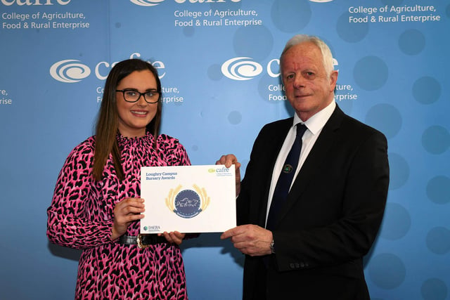 Alex Lamont, a first-year student on the BSc (Hons) Degree in Food Business Management was awarded the Tyrone Farming Society Bursary at the Loughry Campus Industry Supporters event. Alex, a student from Coleraine was presented with her award by Gerry McFarland, Chairman, Tyrone Farming Society.