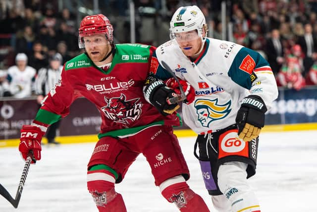 Belfast Giants forward Henrik Eriksson (#91) in action against the Cardiff Devils last weekend. Picture: James Assinder