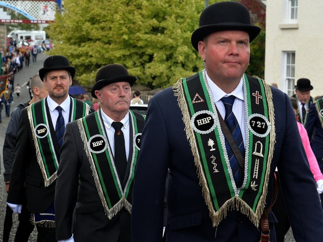 Sir Knights from East Tyrone on the march during the RBP Last Saturday parade in Loughgall. TH27.