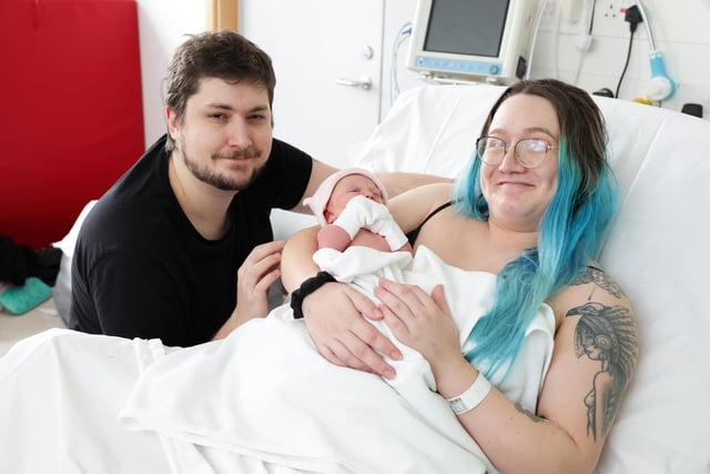Parents Rosie Coles and Mathew Moses from Bangor with their new born baby Violet Roberta Moses who was born at 8.45am at the Maternity Unit of the Ulster Hospital in Dundonald and weighed 8.1lbs.