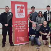Pictured at the taster session in Coleraine Leisure Centre is the Mayor of Causeway Coast and Glens Cllr Ciaran McQuillan along with Niall Jackman (left) of Ulster Squash. CREDIT ALAN MCCAGUE