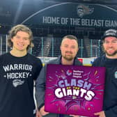 Belfast Giants players Matt McLeod, Grant Cooper and Ciaran Long with Niall Coleman, NI Hospice Communications Manager.