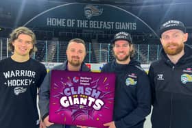 Belfast Giants players Matt McLeod, Grant Cooper and Ciaran Long with Niall Coleman, NI Hospice Communications Manager.