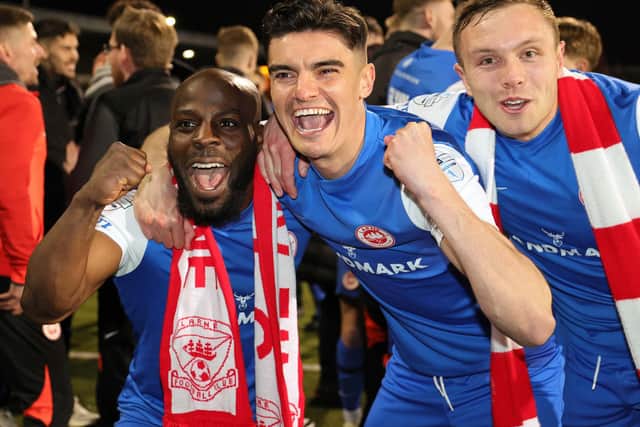 Larne players celebrate after this evening's game at Seaview, Belfast. Photo by David Maginnis/Pacemaker Press