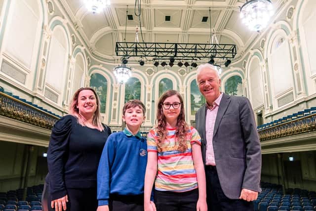 Concert Organiser and Sólás supporter India Chapman-Webb, Jacob Allen (10), Violet Allen (11) and Concert Host Noel Thompson look forward to the charity concert at the Ulster Hall on Saturday February 15. Pic credit: Sólás