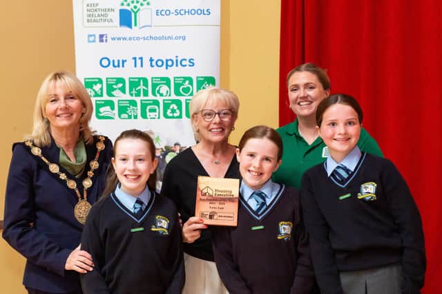 Eco-Teacher of the year with pupils – Lena Law from St Joseph’s Primary School. Pic credit: Ricky Parker Photography