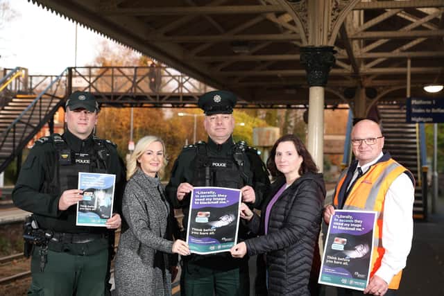 Pictured are Sgt Darren McCrory – Safe Transport Team, Shelly-Anne Grimes - Crime Prevention Officer, Chief Insp Ian McCormick – Engagement Chief Lisburn, Yvonne Craig – Deputy Chair PCSP Lisburn, and Mark Glover – Translink Manager, Lisburn