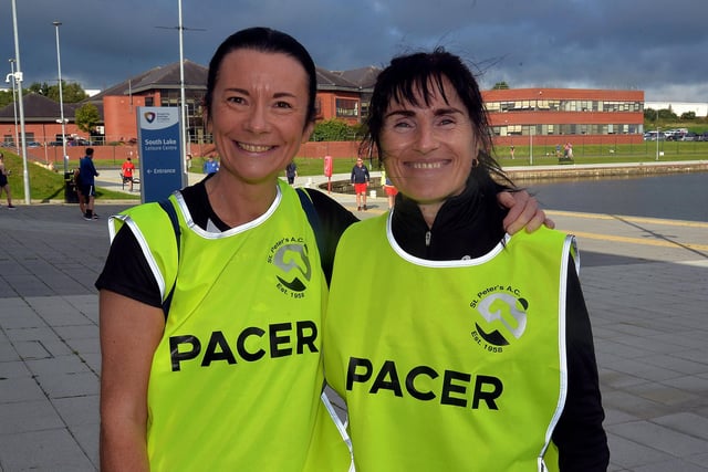 Fionnuala Toman, left, and Bernie Austin who were two of the pacers at the St Peter's AC running event on Sunday. LM33-202.
