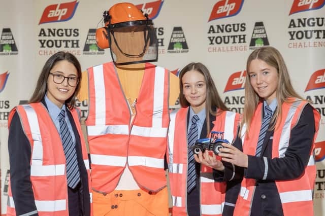 Pictured taking part in the 2023 ABP Angus Youth Challenge Exhibition for a place in the final of the competition is the team from Cookstown High School: Pippa Coulter, Kellie Harkness and Leah Allen. Absent from the team picture is Erika Gourley-Hessin.