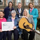 Mayor of Antrim and Newtownabbey, Ald Stephen Ross is joined by Alice Lewis (Live Music Now), Claire McCollum (patron), Mayoress, Cllr Paula Bradley, Charlotte Meaney (Mayoress’ mother) and Amanda St John to launch the Forget-Me-Nots.