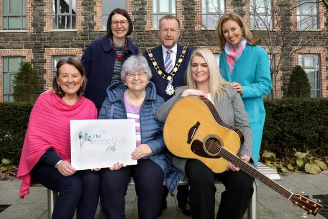 Mayor of Antrim and Newtownabbey, Ald Stephen Ross is joined by Alice Lewis (Live Music Now), Claire McCollum (patron), Mayoress, Cllr Paula Bradley, Charlotte Meaney (Mayoress’ mother) and Amanda St John to launch the Forget-Me-Nots.