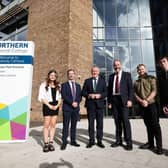 Pictured at the opening of Northern Regional College's £46million Causeway Campus in Coleraine are (LtoR) Claudia McLaughlin-Hunt, student; Mel Higgins, Principal and Chief Executive, NRC; Economy Minister Conor Murphy; Ken Nelson, Chair of NRC governing body; Ben McMullan and Oliver Higgins, students. CREDIT KELVIN BOYES/PRESS EYE