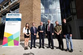 Pictured at the opening of Northern Regional College's £46million Causeway Campus in Coleraine are (LtoR) Claudia McLaughlin-Hunt, student; Mel Higgins, Principal and Chief Executive, NRC; Economy Minister Conor Murphy; Ken Nelson, Chair of NRC governing body; Ben McMullan and Oliver Higgins, students. CREDIT KELVIN BOYES/PRESS EYE