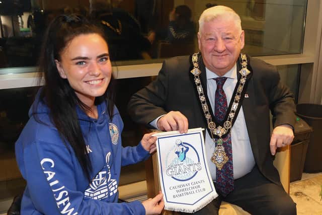 The Mayor, Councillor Steven Callaghan pictured alongside team vice-captain Natalie Kinney. Credit Causeway Coast and Glens Council