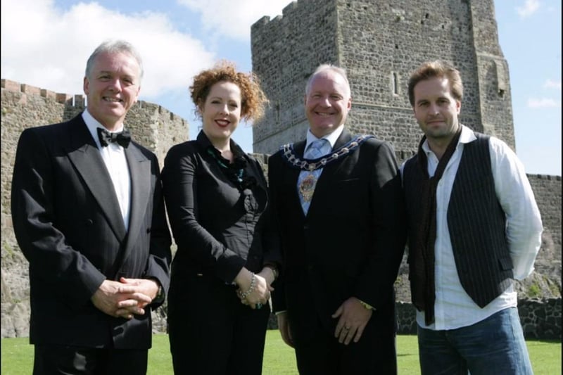 Noel Thompson, presenter of Proms in the Park, pictured at Carrick Castle with soprano Giselle Allen, Mayor David Hilditch and tenor Alfie Boe.