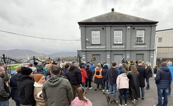 Protestors gather outside WHA offices in Warrenpoint.