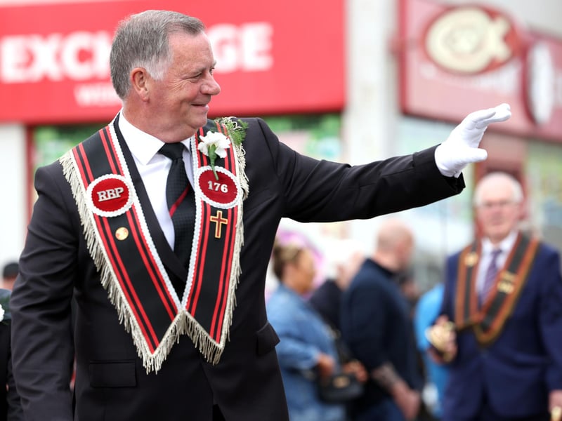 Spotting a friend during the parade in Bangor on Saturday.