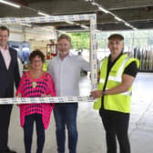 Fairco Trade Frames has established a new production facility in Carrickfergus. Pictured, from left, are: Robert McCurry, production manager; Jim Toal, owner; the Mayor of Mid and East Antrim, Alderman Gerardine Mulvenna; Steve Harper, Invest NI’s executive director of international business and Gary Malone, general manger. Photo submitted by Mid and East Antrim Borough Council.