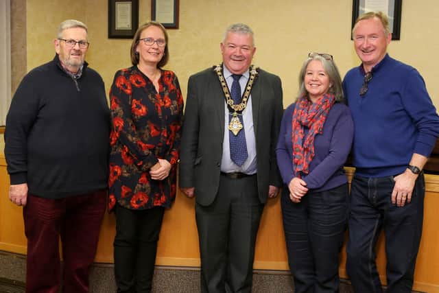 The Mayor of Causeway Coast and Glens Borough Council, Councillor Ivor Wallace, with Friends of Ballycastle Museum members James McCurdy, Eileen Gibney, Melanie Brown and Brian Molloy (Secretary).