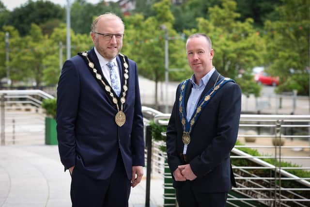 The newly elected Mayor of Lisburn and Castlereagh Councillor Andrew Gowan and Deputy Mayor Councillor Gary McCleave