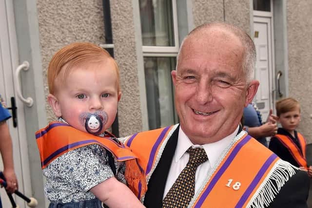 Nigel Wells of LOL18 with grandson Luke pictured in Portadown on July 12, 2022 ahead of the Co Armagh demonstration.  Picture: Tony Hendron