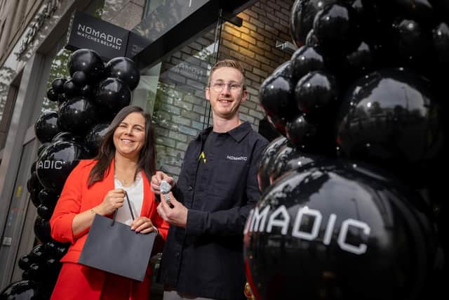 Whiterock Finance Director, Jenna Mairs pictured with Nomadic Watches Founder, Peter McAuley at the company’s new retail premises in Donegal Square, Belfast