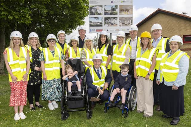 Pictured at the sod-cutting ceremoney with Education Minister Paul Givan are principal Sharlene Deehan; pupils Grace and Bobby; Damien Mitchell, vice chair of the board of governors; contractors Bell Contract & Co; integrated consultancy team Isherwood and Ellis; Education Authority staff and representatives from the board of governors. Photo provided by Department of Education