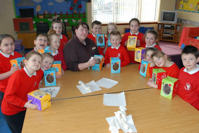 Tullygally Primary School P3 and P4 pupils got the chance to make their own designs on a chocolate Easter egg when Lee-Anne Price from Thorntons, Rushmere called at the school in March 2010.