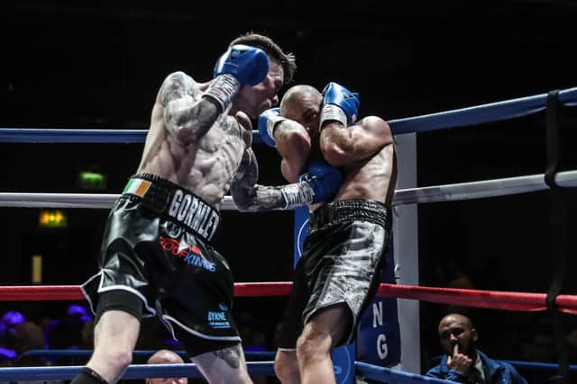 Lurgan native Lee Gormley at his professional debut in June 2023 against John Spencer in Bolton near Manchester.  Lee won the fight. Photo courtesy of Karen Priestley.