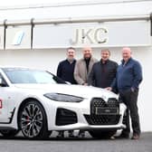 Niall MacFlynn, Head of Business at JKC BMW, pictured with JKC’s Ryan Whyte and Briggs Equipment North West 200’s Stanleigh Murray and Mervyn Whyte at the handover of the first BMW vehicle for 2024.  Credit Stephan Davison
