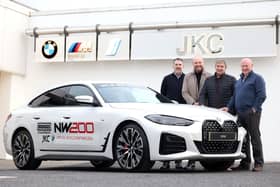 Niall MacFlynn, Head of Business at JKC BMW, pictured with JKC’s Ryan Whyte and Briggs Equipment North West 200’s Stanleigh Murray and Mervyn Whyte at the handover of the first BMW vehicle for 2024.  Credit Stephan Davison